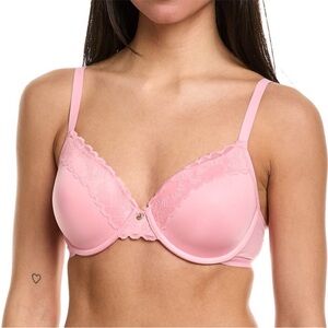 Natori Refined Contour Bra With Lace Trim & Cool Touch Pink Rosette Size US 34DD